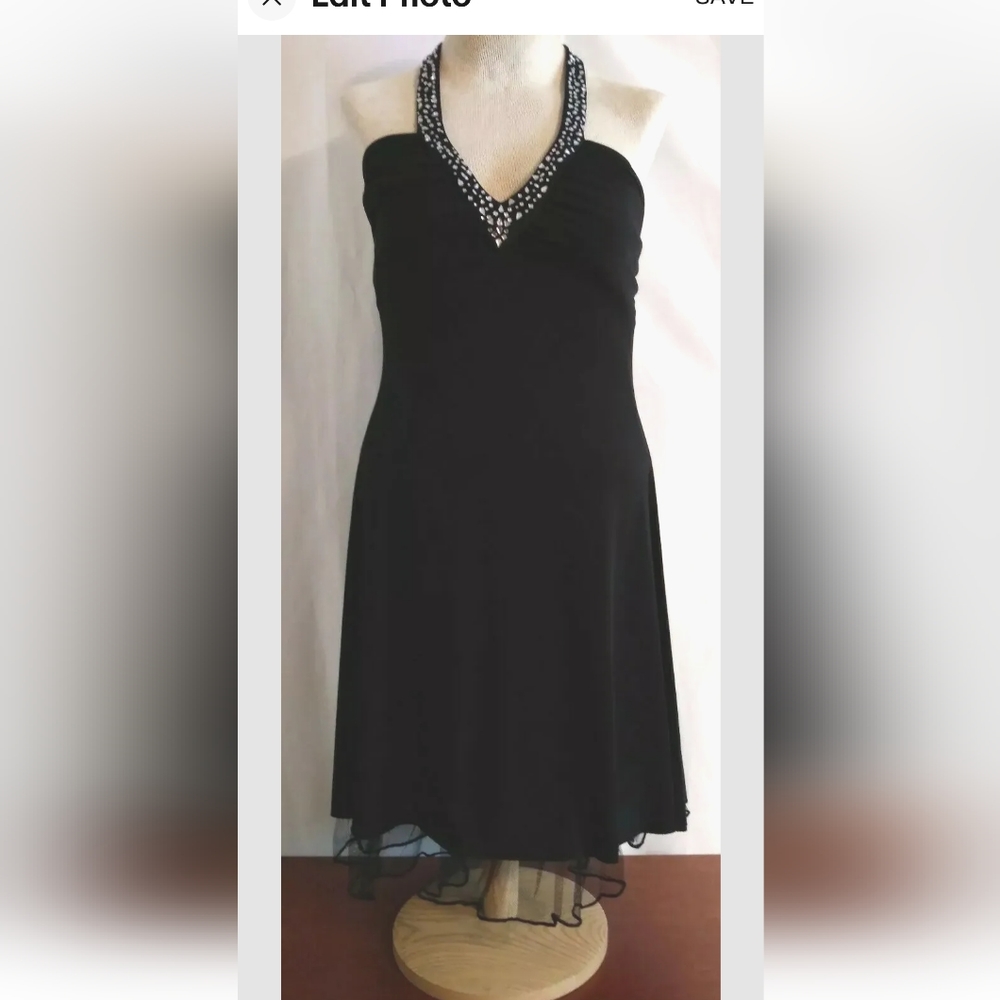 Betsy and Adam by Linda Bernell Black Halter Dress Rhinestone Embellished Formal